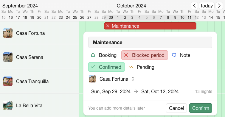 Registering a blocked period in Bookingmood